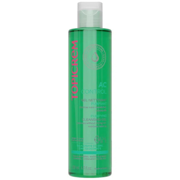 Un flacon vert de gel nettoyant purifiant Topicrem AC Control avec un logo rose. Transparent, il est muni d'un bouchon blanc et contient 200 ml de produit. Les informations et les bienfaits du produit sont indiqués en blanc. Dakar