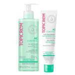 Image de deux soins Topicrem AC Control. À gauche, un flacon pompe de 400 ml de gel nettoyant purifiant, et à droite, un tube de 40 ml de soin anti-imperfections équilibrant. Tous deux sont conçus pour prévenir les imperfections. Dakar