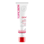 Tube de crème apaisante Topicrem CICA+, 100 ml. L'emballage est principalement blanc avec un texte rouge. Il met en valeur des ingrédients comme le cuivre, le zinc et le manganèse. Convient pour apaiser et réparer la peau. Dakar