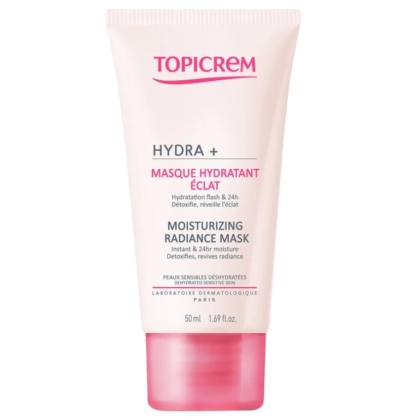 Tube de Masque Hydratant Éclat Topicrem Hydra+ avec bouchon rose, étiqueté pour hydratation, détox et éclat. Contient 50 ml. Texte en anglais et en français. Dakar