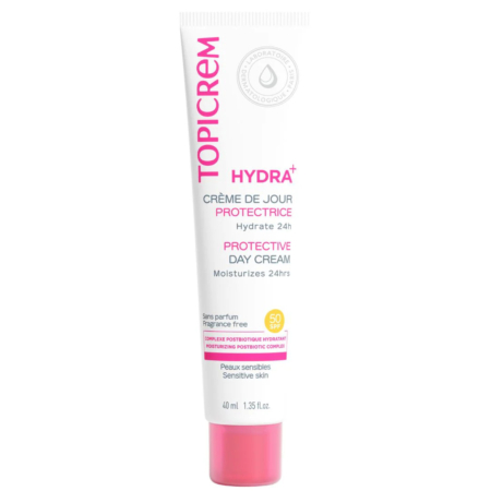 Tube de crème de jour protectrice Topicrem Hydra+ pour peaux sensibles. Emballage blanc avec inscription rose et grise, soulignant une hydratation 24 heures et une formule sans parfum. Contenance : 40 ml. Dakar