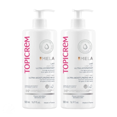 Deux flacons blancs de Topicrem MELA Lait Unifiant Ultra-Hydratant avec pompe. Chaque flacon de 500 ml est accompagné d'un texte en anglais et en français. Conçu pour les peaux sensibles, il vise à atténuer les taches brunes. Fabriqué en France. Dakar