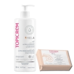 Un flacon de lait ultra-hydratant Topicrem Emela est placé à côté d'un pain de savon exfoliant Topicrem Emela. Le lait hydratant est muni d'une pompe doseuse, et les deux produits sont destinés aux soins de la peau, favorisant un teint uniforme et une hydratation optimale. Dakar