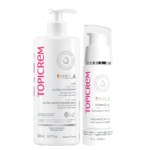 Deux produits de soin Topicrem sur fond blanc : un grand flacon de 500 ml de Lait Ultra-Hydratant Emela avec un distributeur à pompe à gauche, et un flacon pompe plus petit de 30 ml de Sérum Éclat à droite. Dakar