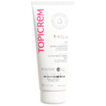 Tube de Lait Ultra-Hydratant Topicrem pour peaux sensibles, avec logo et informations produit. Son emballage blanc et rose indique qu'il est destiné à hydrater et à atténuer l'apparence des taches brunes. Contenance : 200 ml. Dakar