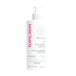 Flacon blanc de Lait Ultra-Hydratant Unifiant Topicrem Mela avec pompe, orné d'un lettrage rose et doré. Conçu pour les peaux sensibles, l'étiquette présente les informations produit en français et en anglais. Contenance : 500 ml. Fabriqué en France. Dakar