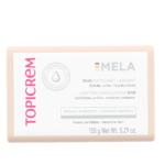 Une boîte de pain exfoliant unifiant Topicrem MELA, portant les inscriptions « Laboratoire Dermatologique », « Noyaux d'abricot » et « Peaux sensibles ». L'emballage met en avant les bienfaits exfoliants et unifiants de la peau, avec un poids net de 150 g. Dakar