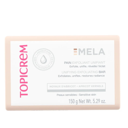 Une boîte de pain exfoliant unifiant Topicrem MELA, portant les inscriptions « Laboratoire Dermatologique », « Noyaux d'abricot » et « Peaux sensibles ». L'emballage met en avant les bienfaits exfoliants et unifiants de la peau, avec un poids net de 150 g. Dakar