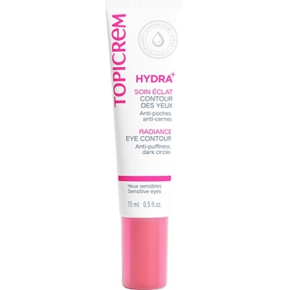 Tube de crème contour des yeux Topicrem Hydra+ Éclat, format 15 ml, avec étiquette rose et blanche. Ce produit est indiqué pour les yeux sensibles, réduisant les poches et les cernes. Dakar