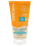 Image d'un tube de lait solaire hydratant Topicrem Sun Protect. Orange et blanc, il est étiqueté SPF 50+, pour le visage et le corps, très haute protection. Convient aux peaux sensibles. Contient 50 ml et est fabriqué en France. Dakar