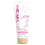 Tube blanc de crème corps nacrée ultra hydratante Topicrem, avec inscription rose et grise. Il met en valeur les propriétés hydratantes de la glycérine et de la cire d'abeille, idéales pour les peaux sèches et sensibles. Contenance : 200 ml. Dakar
