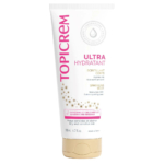 Tube blanc de crème corps scintillante ultra hydratante Topicrem, orné du logo, d'un « Topicrem » vertical rose, de paillettes dorées et des informations produit. 200 ml, pour peaux sèches et sensibles, à la glycérine et à la cire d'abeille. Fabriqué en France. Dakar