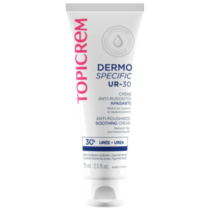 Tube de Topicrem Dermo Specific UR-30 Crème Apaisante Anti-Rugosités, 75 ml. Emballage blanc avec inscription rose et bleu, mentionnant 3 % d'urée. Fabriqué en France. Dakar