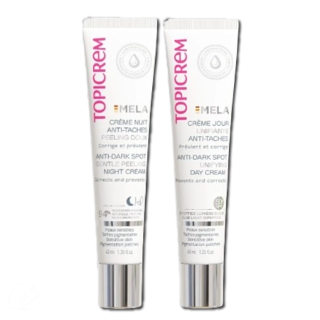 Deux tubes étiquetés « Topicrem ». Le tube de gauche est « Crème de Nuit Peeling Douceur Anti-Taches » et celui de droite est « Crème de Jour Unifiante Anti-Taches ». Les deux tubes ont un fond blanc et un texte rose. Dakar