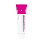 Tube de crème blanchissante Arbutin 5.0, corps blanc et bouchon rose. Le nom et les informations sur le produit sont inscrits en violet et noir sur la partie blanche, avec une étiquette magenta ornée d'un logo blanc en haut. Dakar