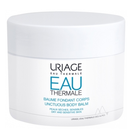 Un pot blanc de Baume Fondant Corps Uriage 200 ml, idéal pour les peaux sèches et sensibles. L'étiquette reprend le nom du produit en français et en anglais, faisant référence à Uriage Bébé 1er, tandis que le couvercle blanc sobre apporte une touche d'élégance. Dakar