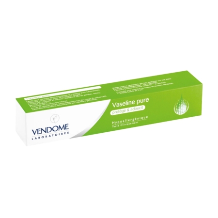 Une boîte rectangulaire verte et blanche de Vaseline Vendome Crème Vaseline Pure Protège et Adoucit +3 ans 50 ml des Laboratoires Vendôme, comportant un texte hypoallergénique et testé cliniquement avec un graphique de gouttelettes mettant en valeur ses propriétés apaisantes de Soin Adoucissant. Dakar