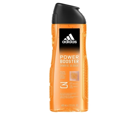 Le flacon de gel douche ADIDAS POWER BOOSTER 400 ml arbore un design orange éclatant, le logo emblématique Adidas et des détails sur le produit. Il est doté d'un bouchon à clapet noir et de zones de préhension en relief sur les côtés pour une manipulation aisée. Dakar