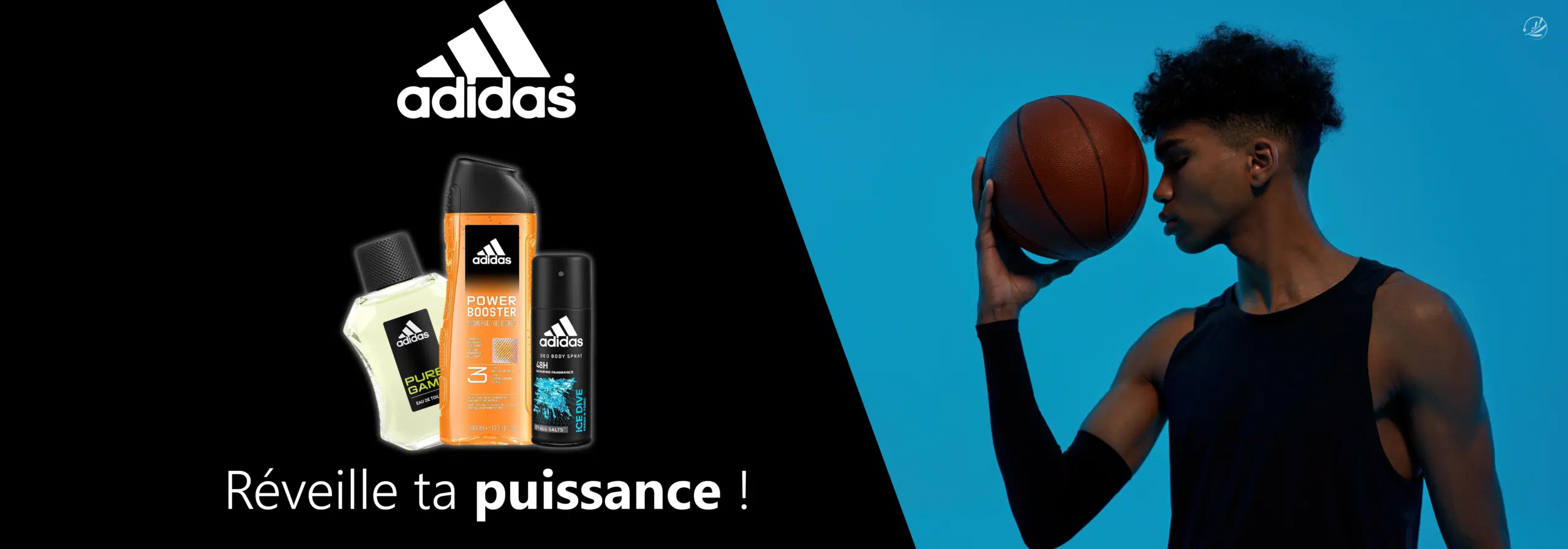 Publicité Adidas avec des produits d'eau de Cologne et de déodorant à gauche, le slogan « Réveille ta puissance ! » et un basketteur tenant un ballon près de son visage à droite sur un fond bleu. Dakar
