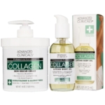 Le Coffret Crème Corps Collagène + Huile Corps ADVANCED CLINICALS comprend un pot blanc de 16 oz de Collagen Skin Rescue Cream et un flacon transparent de 3,8 oz d'Huile Corps Liftante au Collagen, tous deux dans un emballage blanc et vert élégant. Dakar