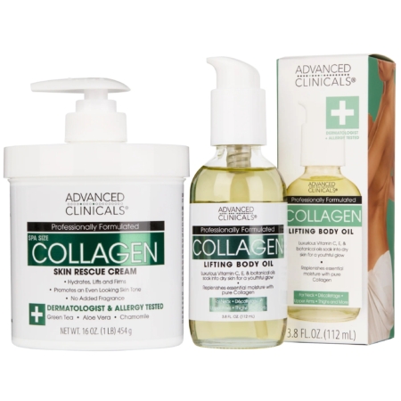 Le Coffret Crème Corps Collagène + Huile Corps ADVANCED CLINICALS comprend un pot blanc de 16 oz de Collagen Skin Rescue Cream et un flacon transparent de 3,8 oz d'Huile Corps Liftante au Collagen, tous deux dans un emballage blanc et vert élégant. Dakar