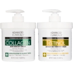 Le Coffret Crème pour Corps Collagène + Rétinol ADVANCED CLINICALS comprend deux pots à pompe blancs de 16 oz : Collagen Skin Rescue Cream (accents verts) et Rétinol Crème Raffermissante (orange). Les deux sont testés dermatologiquement. Dakar