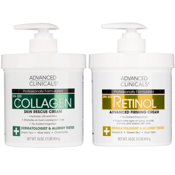 Le Coffret Crème pour Corps Collagène + Rétinol ADVANCED CLINICALS comprend deux pots à pompe blancs de 16 oz : Collagen Skin Rescue Cream (accents verts) et Rétinol Crème Raffermissante (orange). Les deux sont testés dermatologiquement. Dakar