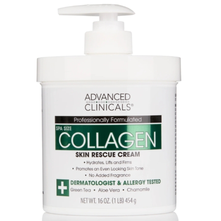 Un pot blanc de 454 g de Crème Corporelle au Collagène Peau Lisse ADVANCED CLINICALS, muni d'une pompe, offre des bienfaits hydratants, raffermissants et tonifiants. Ses ingrédients clés sont le thé vert, l'aloe vera et la camomille. Dakar