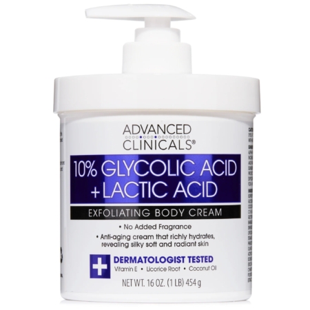 Un pot blanc de Crème Corps à 10 % d'Acide Glycolique et Lactique ADVANCED CLINICALS 454 g, comme la Crème Éclaircissante à la Vitamine C, est anti-âge, sans parfum, testé par des dermatologues et est disponible en format de 16 oz. Dakar
