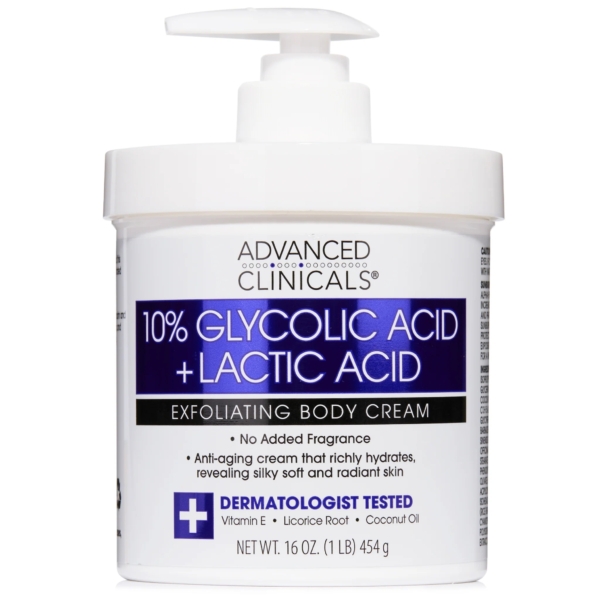 Un pot blanc de Crème Corps à 10 % d'Acide Glycolique et Lactique ADVANCED CLINICALS 454 g, comme la Crème Éclaircissante à la Vitamine C, est anti-âge, sans parfum, testé par des dermatologues et est disponible en format de 16 oz. Dakar