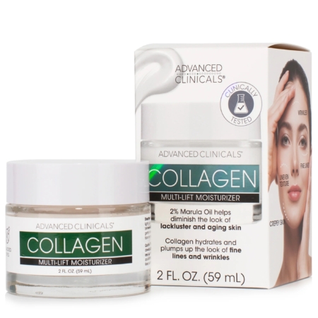 Un pot de 2 oz liq. et une boîte de Gel Crème au Collagène ; la boîte présente une femme touchant son visage et met en évidence les principaux avantages tels que l'hydratation et la réduction des ridules et des rides. Dakar