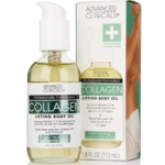 Un flacon et une boîte d'ADVANCED CLINICALS Huile Corporelle au Collagène 112 ml avec pompe doseuse, conçue pour le soin du cou et du décolleté ; l'emballage indique qu'elle est testée dermatologiquement et allergologiquement. Dakar