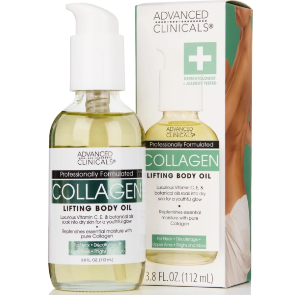 Un flacon et une boîte d'ADVANCED CLINICALS Huile Corporelle au Collagène 112 ml avec pompe doseuse, conçue pour le soin du cou et du décolleté ; l'emballage indique qu'elle est testée dermatologiquement et allergologiquement. Dakar
