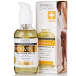 L'image présente une boîte et un flacon d'Huile Corporelle Éclaircissante à la Vitamine C d'ADVANCED CLINICALS, dotés d'un flacon pompe de 112 ml (3,8 oz liq.). L'emballage met en avant les bienfaits éclaircissants et les tests dermatologiques. Dakar