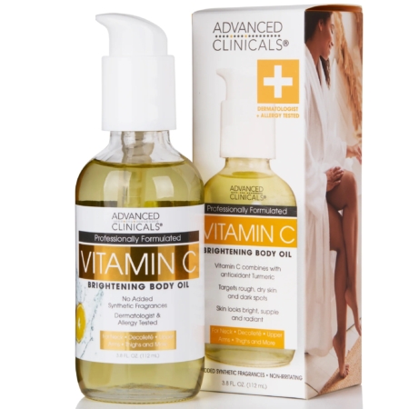 L'image présente une boîte et un flacon d'Huile Corporelle Éclaircissante à la Vitamine C d'ADVANCED CLINICALS, dotés d'un flacon pompe de 112 ml (3,8 oz liq.). L'emballage met en avant les bienfaits éclaircissants et les tests dermatologiques. Dakar