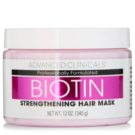 Un pot de 340 g de Masque Capillaire à la Biotine Soin Réparateur Anti Casse ADVANCED CLINICALS avec un couvercle blanc et une étiquette rose comportant le nom et la description du produit. Dakar