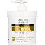 Un contenant à pompe blanc de ADVANCED CLINICALS Rétinol Crème Raffermissante Avancée 454 g, avec étiquetage doré et noir, format spa, formule testée par des dermatologues et des allergologues, plus vitamine E et aloe vera. Dakar