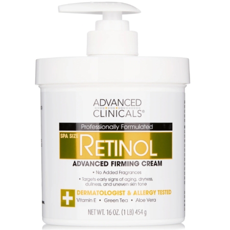Un contenant à pompe blanc de ADVANCED CLINICALS Rétinol Crème Raffermissante Avancée 454 g, avec étiquetage doré et noir, format spa, formule testée par des dermatologues et des allergologues, plus vitamine E et aloe vera. Dakar