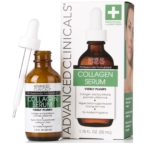Un flacon de Sérum Collagène Anti-Âge ADVANCED CLINICALS de 52 ml, muni d'un compte-gouttes, est présenté à côté de sa boîte, affichant les détails du produit et une image. Ce sérum au collagène revitalise visiblement la peau et ne contient aucun parfum ajouté. Dakar