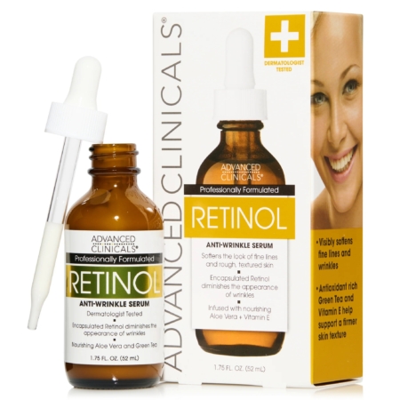 Un flacon marron de Sérum Rétinol pour Peau Lisse ADVANCED CLINICALS 52 ml avec compte-gouttes se trouve à côté de sa boîte, qui met en valeur les détails du produit, une femme souriante et des informations sur ses bienfaits lissants pour la peau. Dakar