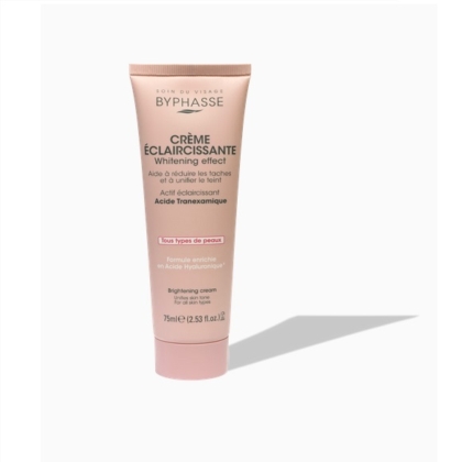 Un tube rose de BYPHASE CRÈME VISAGE ÉCLAIRCISSANTE EFFET BLANCHIMENT 75 ml se pose sur une surface claire avec une ombre douce. Son effet éclaircissant et unifiant est similaire à celui du Gel Crème Hydratant Anti-Âge d'ADVANCED CLINICALS. Dakar