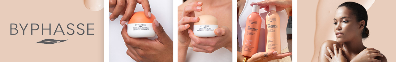 Quatre images présentent les produits de soin BYPHASSE : une main tenant un pot de crème, deux mains ouvrant un pot de crème, des mains tenant trois flacons et une femme à la peau éclatante touchant son épaule. Le logo BYPHASSE apparaît à gauche. Dakar