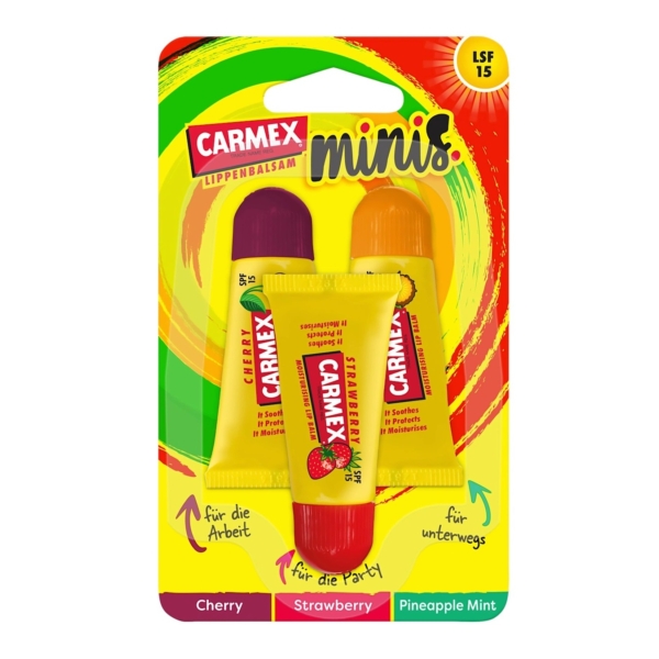 Le trio Carmex Soin des Lèvres SPF 15 Minis comprend trois tubes de baume à lèvres vibrants de 5 g aux saveurs Fraise, Ananas et Menthe-Cerise, avec un emballage en texte allemand et une protection solaire. Dakar