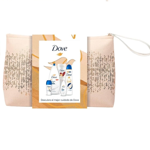Une trousse à maquillage beige aux accents dorés et ornée d'une carte produit Dove, contenant le gel douche, le déodorant, la lotion et la crème Dove Coffret cadeau Hiver Édition Limitée. À associer au Coffret Fêtes YSL Black Opium pour une routine beauté luxueuse. Dakar