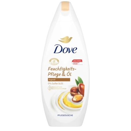 Un flacon blanc de DOVE Crème Douche à l'Huile d'Argan 250 ml avec des images d'huile d'argan et de noix, étiqueté 0% Sulfate SLES, avec des accents dorés et marron. Dakar