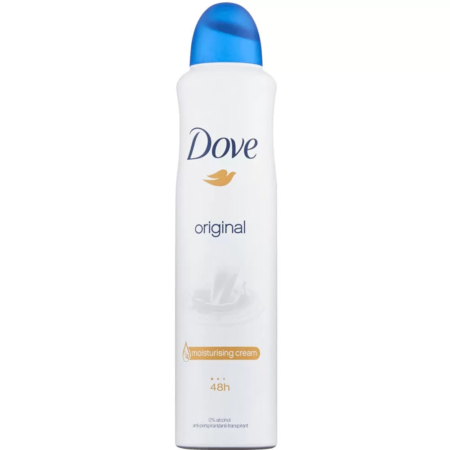 Spray anti-transpirant White Dove Original avec bouchon bleu, orné du logo Dove. L'étiquette indique « crème hydratante » et « 48 h », pour une protection de 48 heures. Fond blanc. Dakar