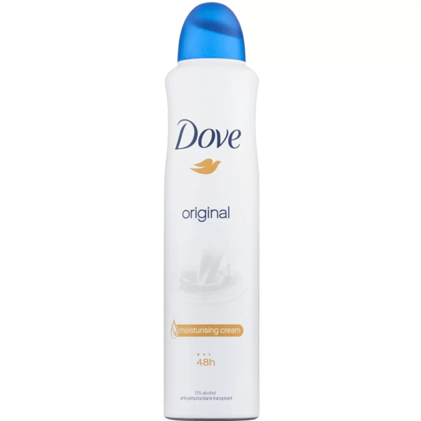 Spray anti-transpirant White Dove Original avec bouchon bleu, orné du logo Dove. L'étiquette indique « crème hydratante » et « 48 h », pour une protection de 48 heures. Fond blanc. Dakar