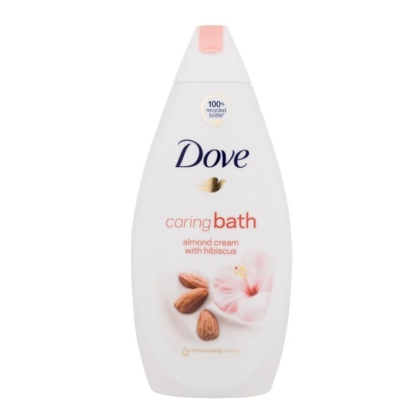 Un flacon blanc de Dove Gel Douche à la Crème d'Amande et à l'Hibiscus 450 ml présente des amandes et un hibiscus rose sur l'étiquette, offrant une expérience de douche nourrissante à la crème d'amande et au parfum d'hibiscus. Dakar