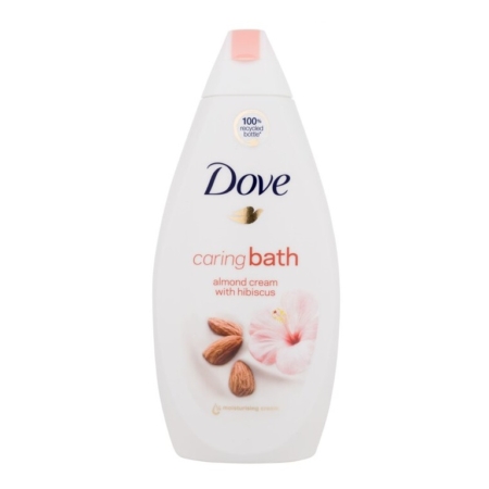 Un flacon blanc de Dove Gel Douche à la Crème d'Amande et à l'Hibiscus 450 ml présente des amandes et un hibiscus rose sur l'étiquette, offrant une expérience de douche nourrissante à la crème d'amande et au parfum d'hibiscus. Dakar