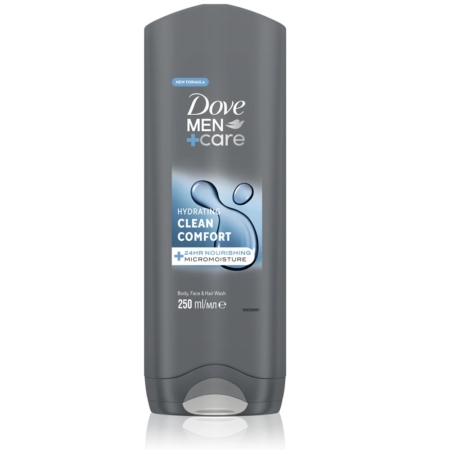 Une bouteille grise de Dove Men Care Clean Comfort Gel de Douche Hydratant 3en1, 250 ml, avec une étiquette bleue et blanche et un bouchon à bascule. Dakar